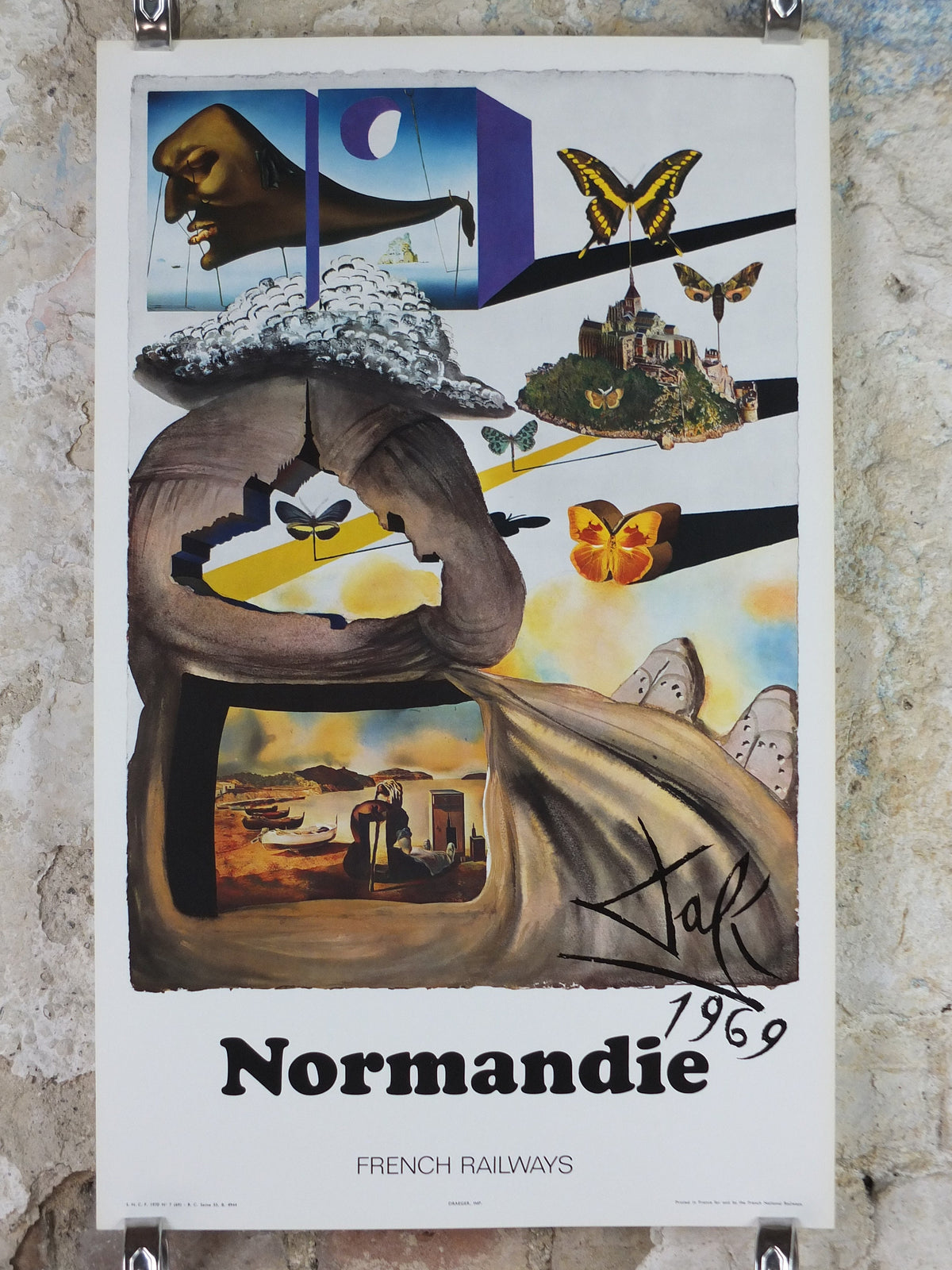 Vintage Dali Normandie Poster, Salvador Dali, Butterflies, SNCF, travel tourism, 60cmx37cm, Chemins de fer Francais, wall art 1970s