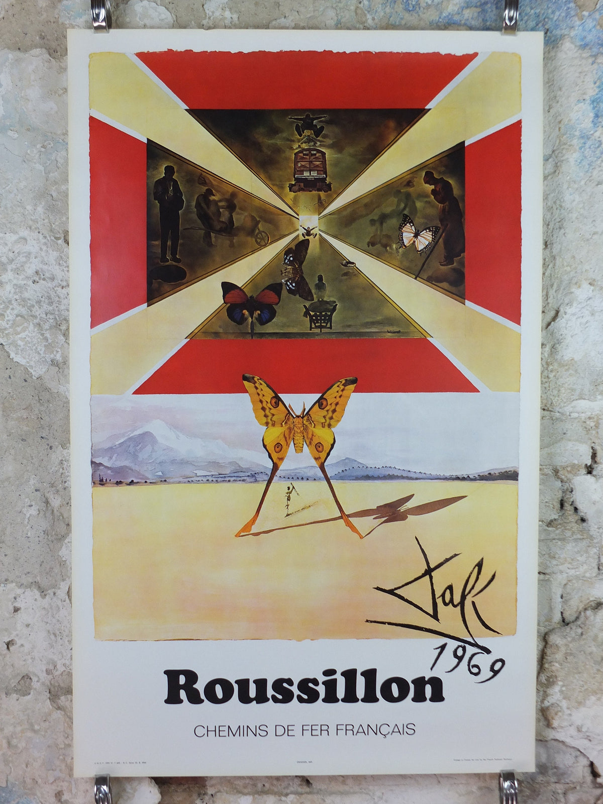Vintage Dali Roussillon Poster, Salvador Dali, Butterflies, SNCF, travel tourism, 100cmx62cm, Chemins de fer Francais, wall art 1970s
