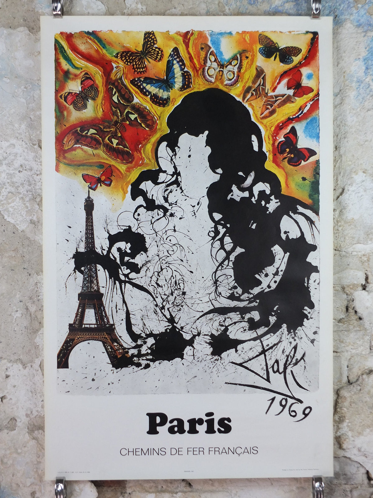 Vintage Dali Paris Poster, Salvador Dali, Butterflies, SNCF, travel tourism, 100cmx62cm, Chemins de fer Francais, wall art 1970s