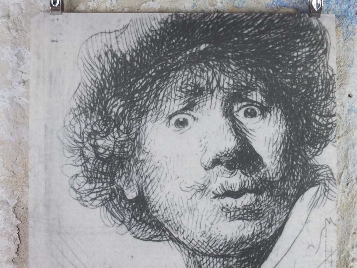 2000 Rembrandt Poster, Self Portrait in a cap, open mouthed 1630, Art Gallery of Ontario etching, artist gallery exhibition, wall art decor