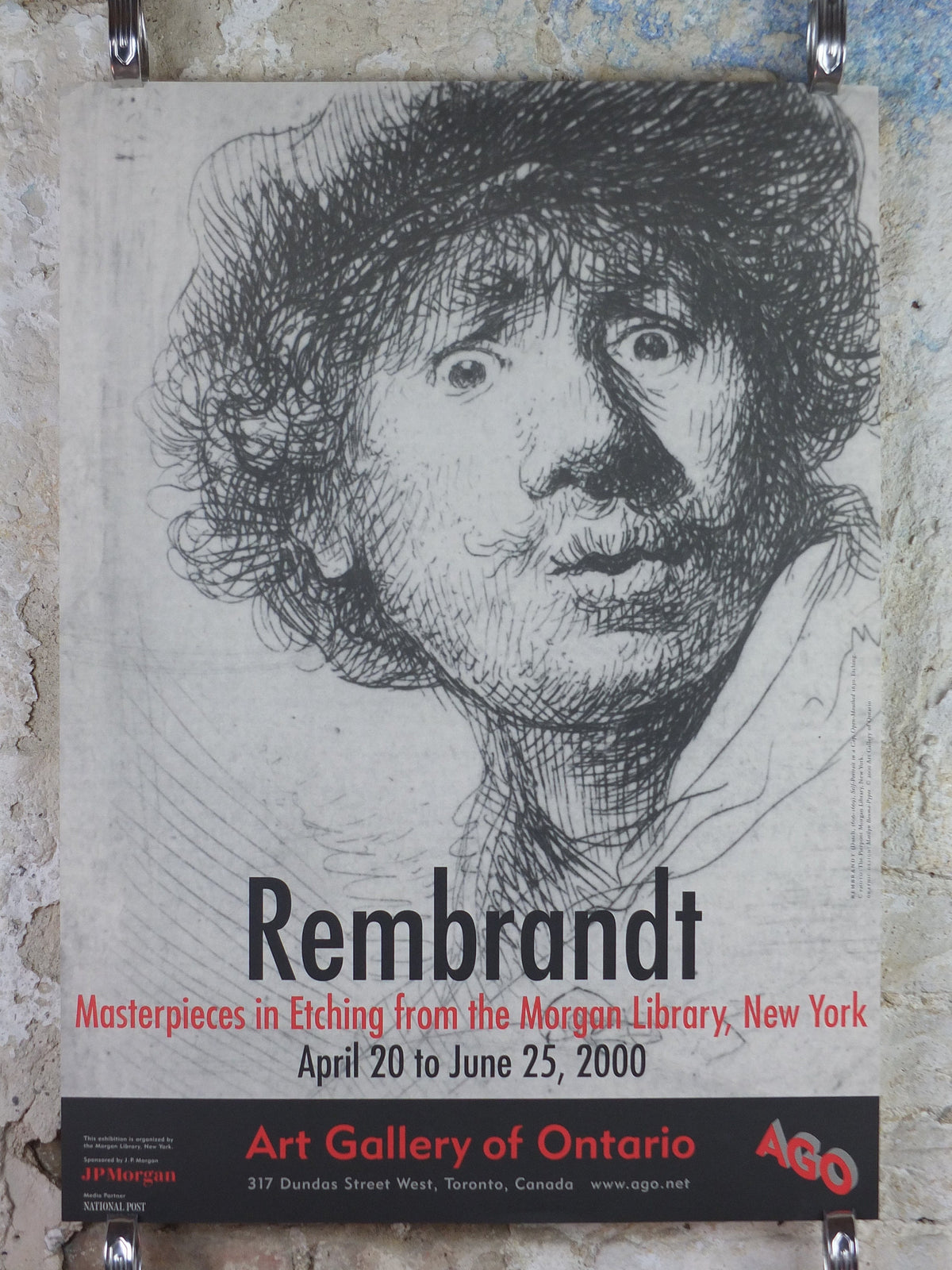 2000 Rembrandt Poster, Self Portrait in a cap, open mouthed 1630, Art Gallery of Ontario etching,  artist gallery exhibition, wall art decor