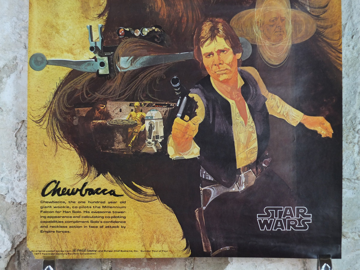 1977 Star Wars Chewbacca and Han Solo Poster, by Del Nichols, Coca Cola, Burger Chef, Millennium Falcon wall art