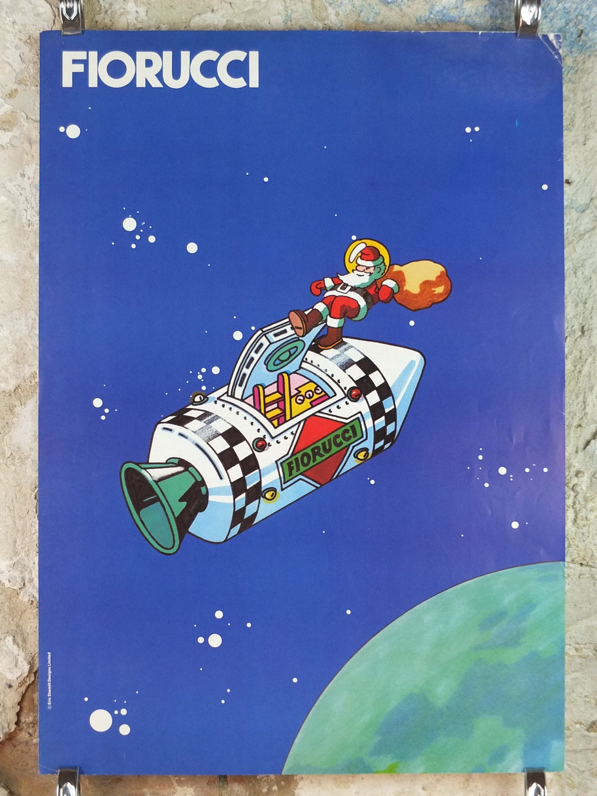 1980s Fiorucci rare Poster, Italian fashion label, Santa Claus on Xmas Eve in space, Apollo Command Module, advertising retro wall art decor
