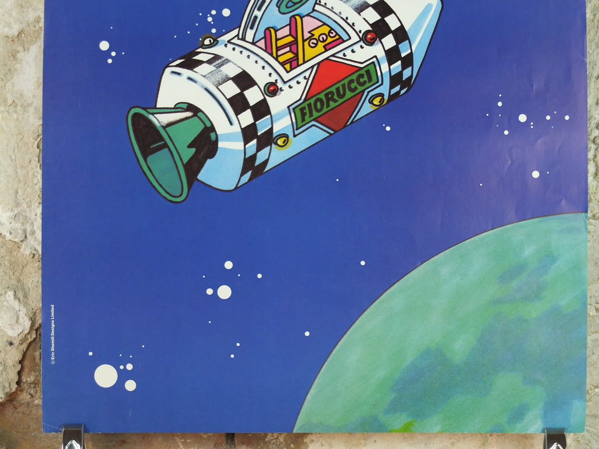 1980s Fiorucci rare Poster, Santa Claus on Xmas Eve in space, Apollo Command Module, Italian fashion label, advertising retro wall art decor