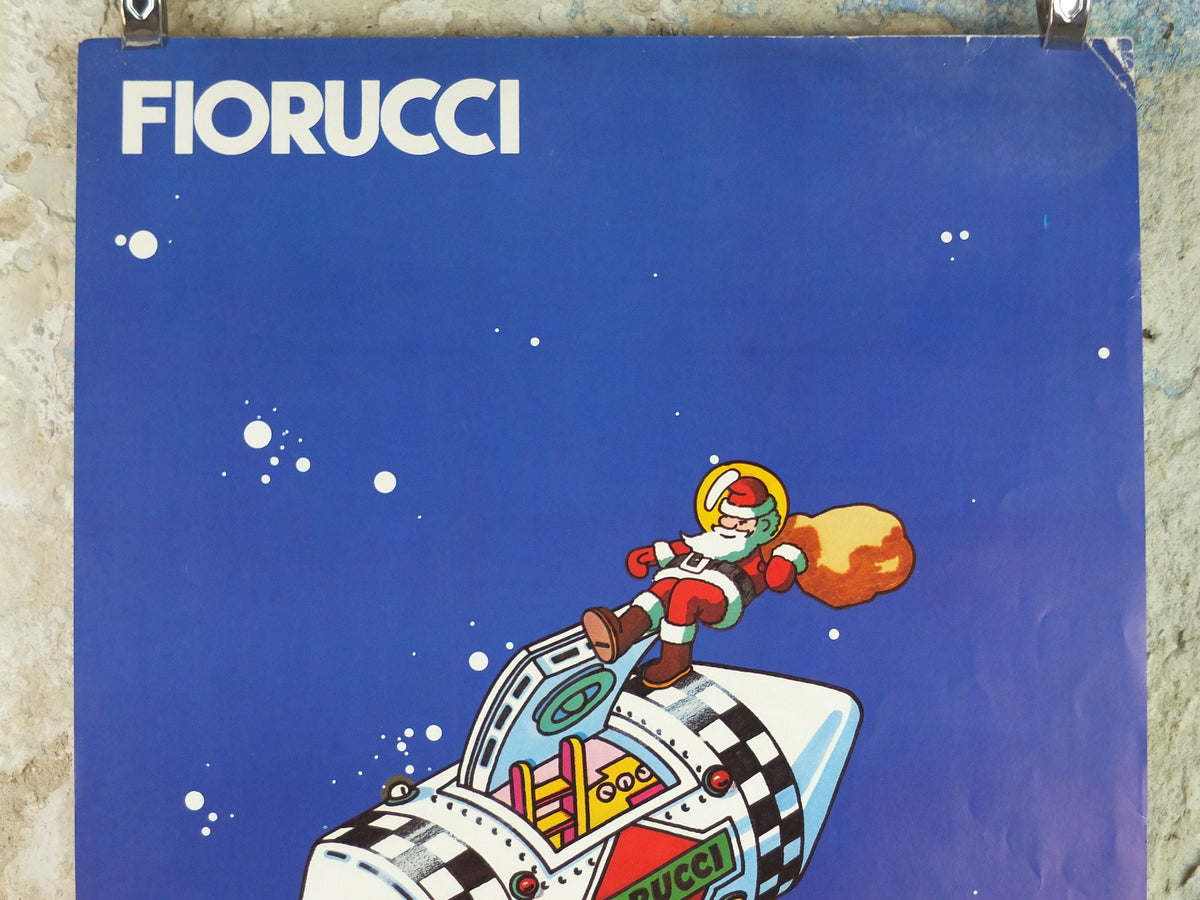 1980s Fiorucci rare Poster, Santa Claus on Xmas Eve in space, Apollo Command Module, Italian fashion label, advertising retro wall art decor