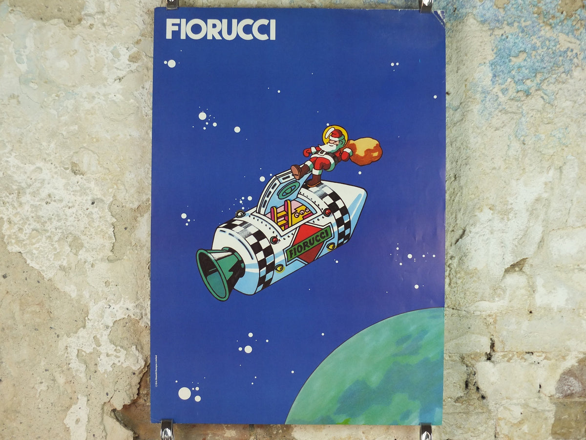 1980s Fiorucci rare Poster, Santa Claus on Xmas Eve in space, Apollo Command Module, Italian fashion label, advertising retro wall art decor