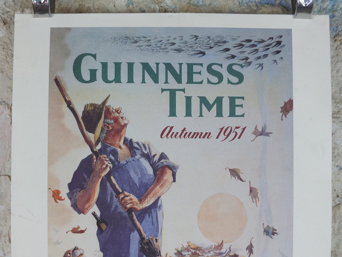 1990s Autumn Guinness Poster, Guinness Time by John Gilroy, 1951, Park Royal Brewery, leaf pile, Advertising campaign Wall art retro decor