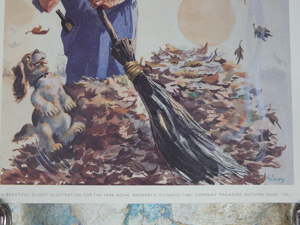 1990s Autumn Guinness Poster, Guinness Time by John Gilroy, 1951, Park Royal Brewery, leaf pile, Advertising campaign Wall art retro decor