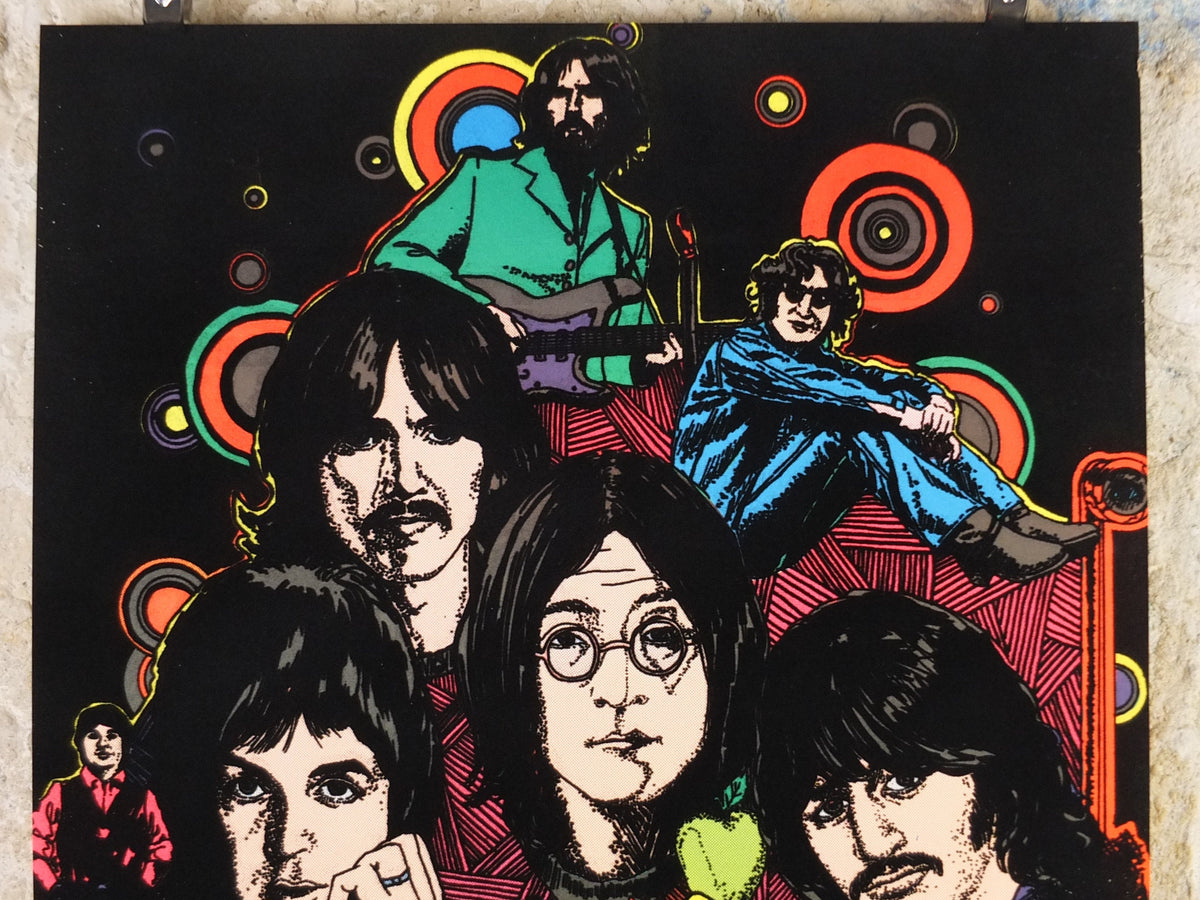 1975 Beatles Poster, black light fluorescent in felt, colourful, psychedelic & groovy, Lennon Harrison McCartney Starr, music wall art decor