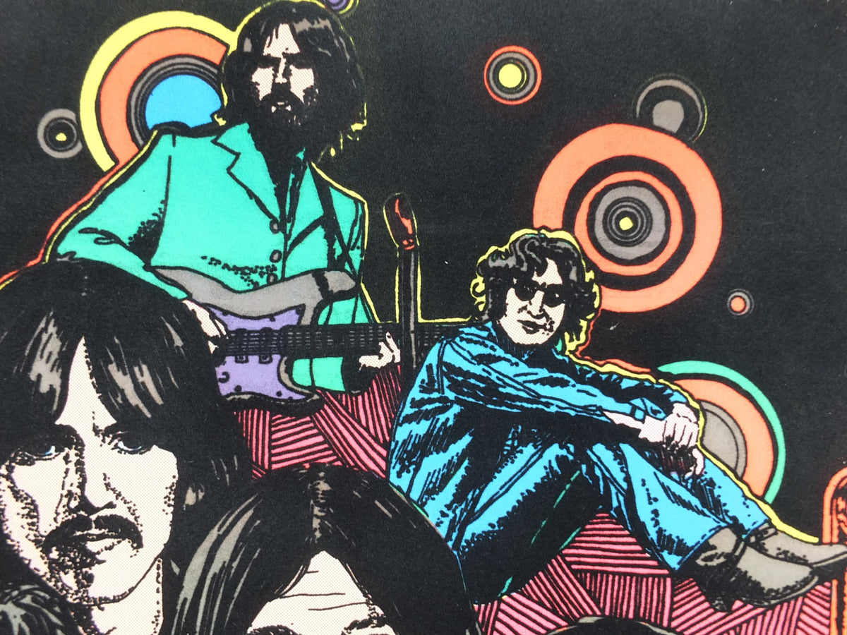 1975 Beatles Poster, black light fluorescent in felt, colourful, psychedelic & groovy, Lennon Harrison McCartney Starr, music wall art decor
