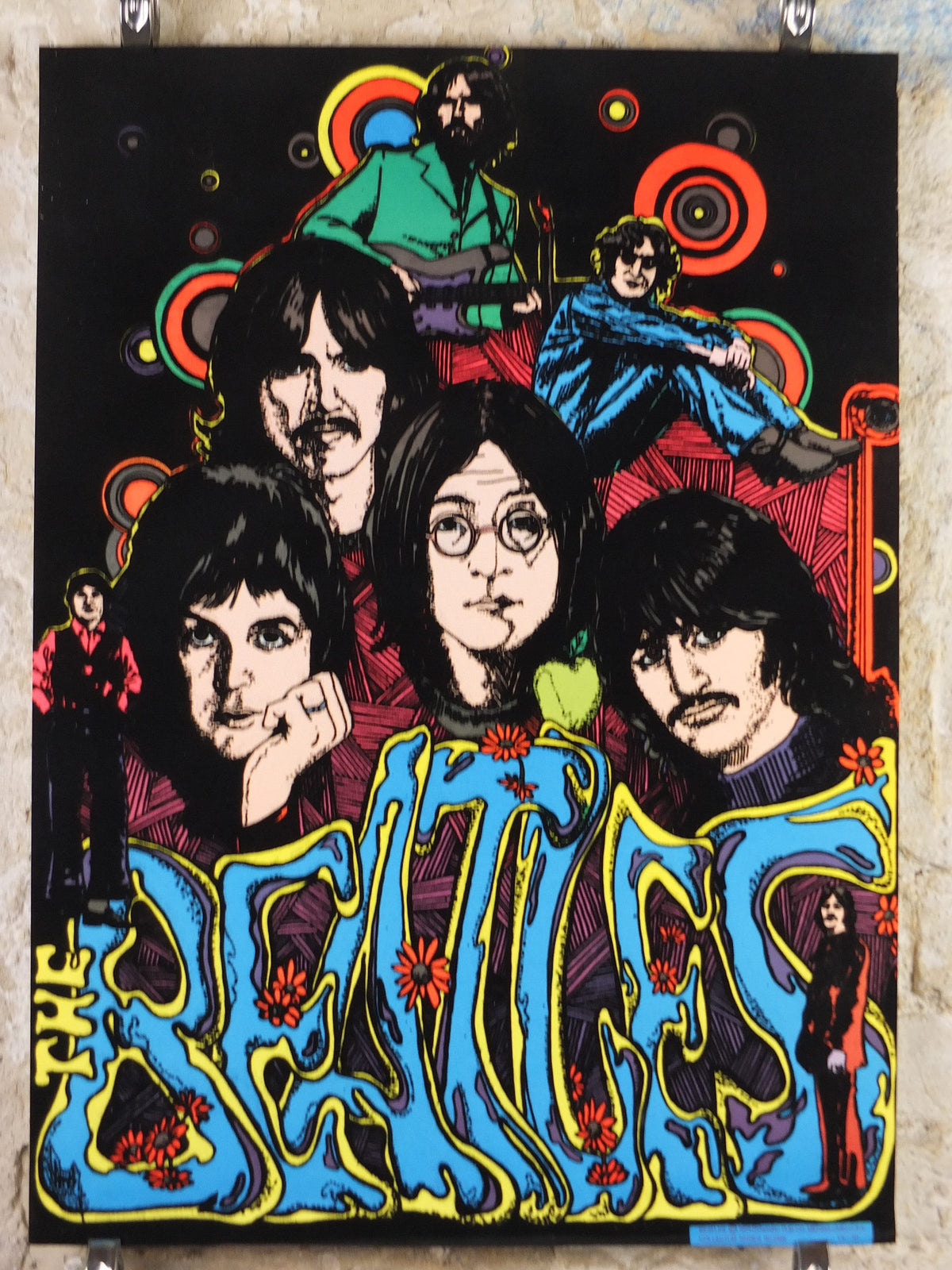 1975 Beatles Poster, black light fluorescent in felt, colourful, psychedelic & groovy, Lennon Harrison McCartney Starr, music wall art decor