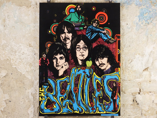 1975 Beatles Poster, black light fluorescent in felt, colourful, psychedelic & groovy, Lennon Harrison McCartney Starr, music wall art decor