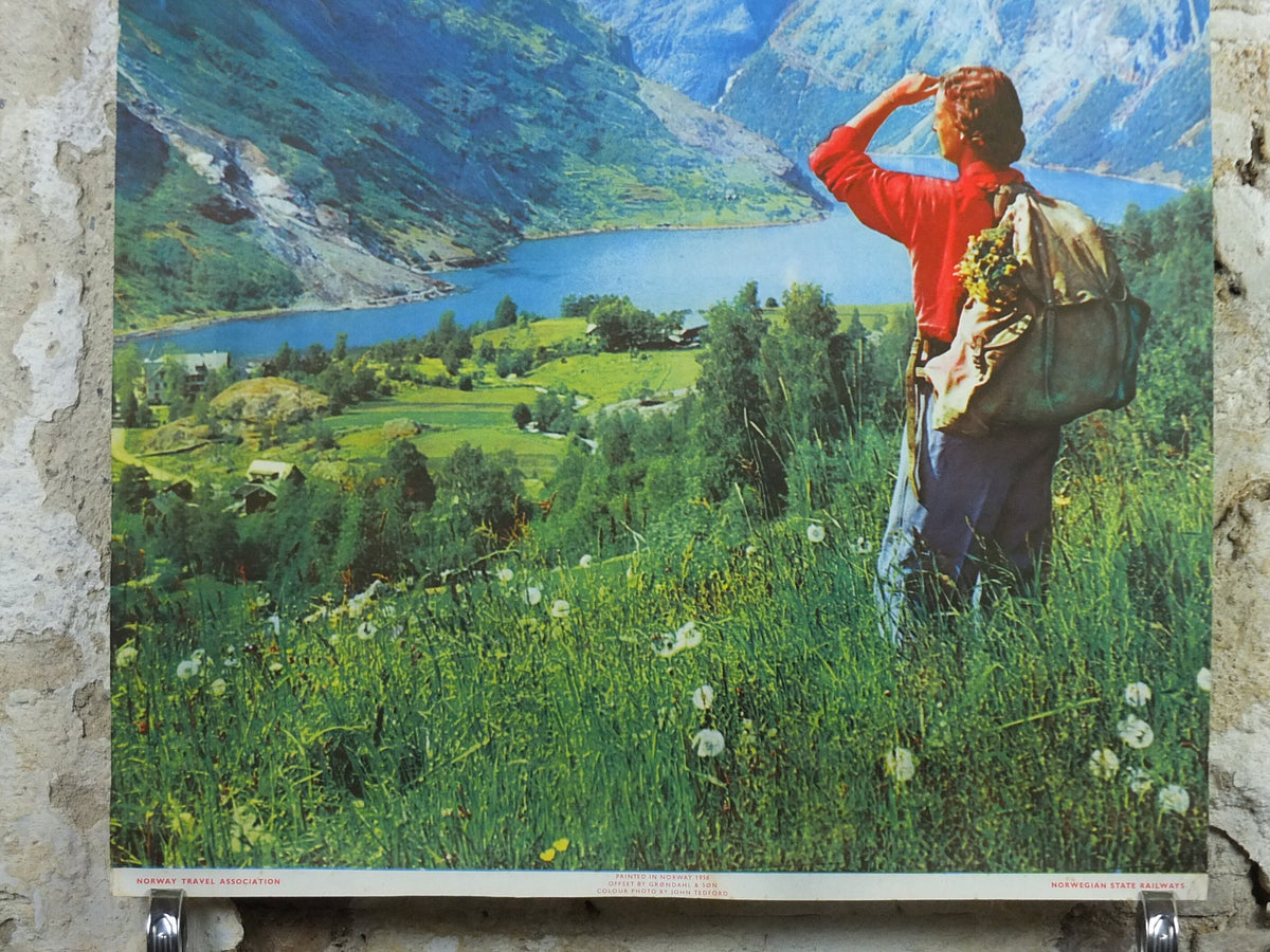 1956 Norway Travel Poster, Geiranger Fjord, Norway Travel Association & Norwegian State Railways, tourism vacation wall art decor
