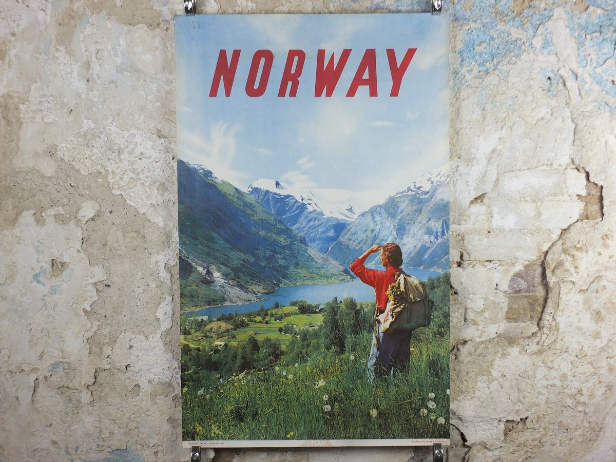 1956 Norway Travel Poster, Geiranger Fjord, Norway Travel Association & Norwegian State Railways, tourism vacation wall art decor