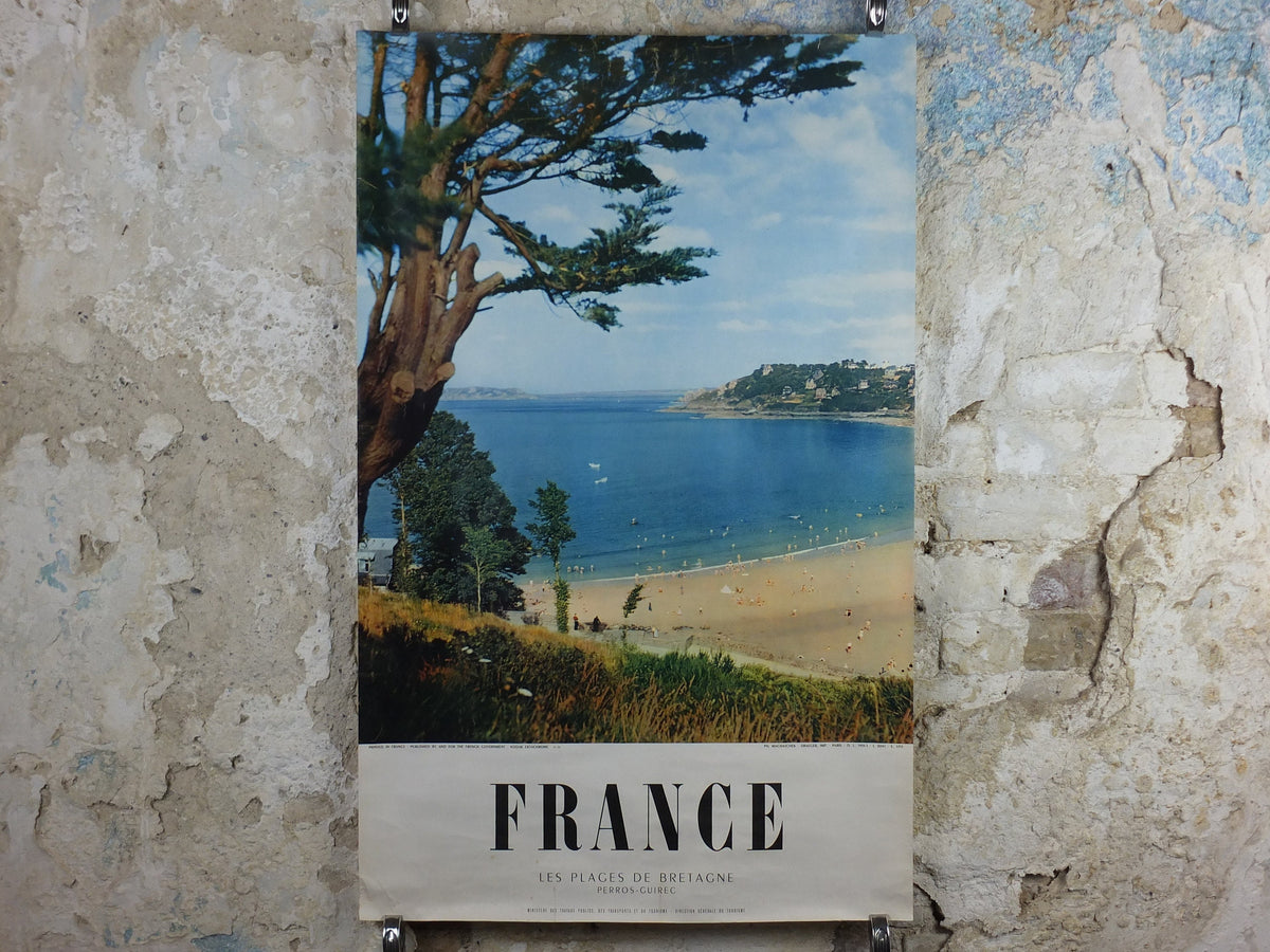 1955 France Travel Poster, The Beaches of Brittany, Les Plages de Bretagne, Perros-Guirec, by Machatchek, travel tourism, wall art decor