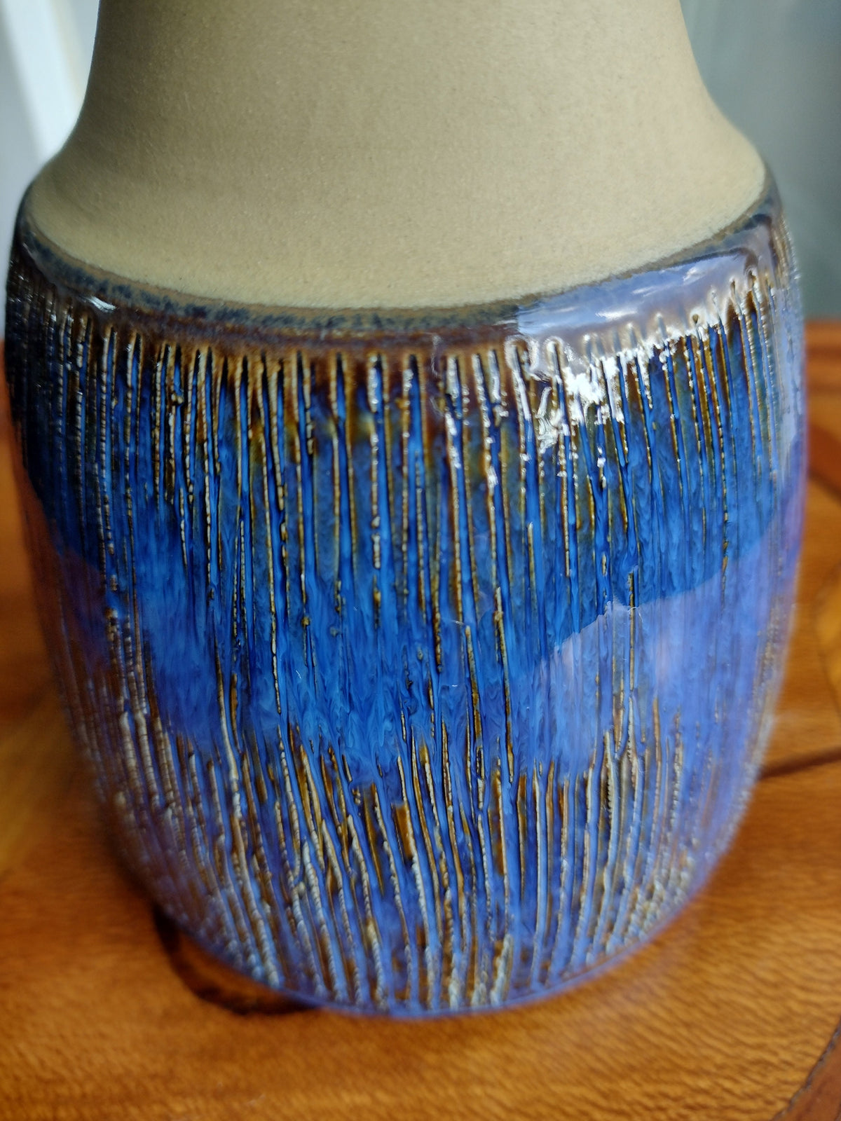 1960s Søholm Blue Lines Danish Lamp, Stentoj Bornholm, 1040, Scandinavian Design, lighting, earthy pottery ceramic, table or desk lamp
