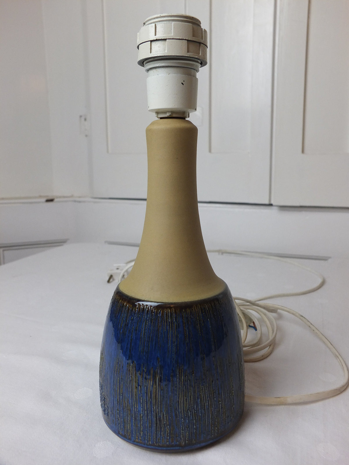 1960s Søholm Blue Lines Danish Lamp, Stentoj Bornholm, 1040, Scandinavian Design, lighting, earthy pottery ceramic, table or desk lamp