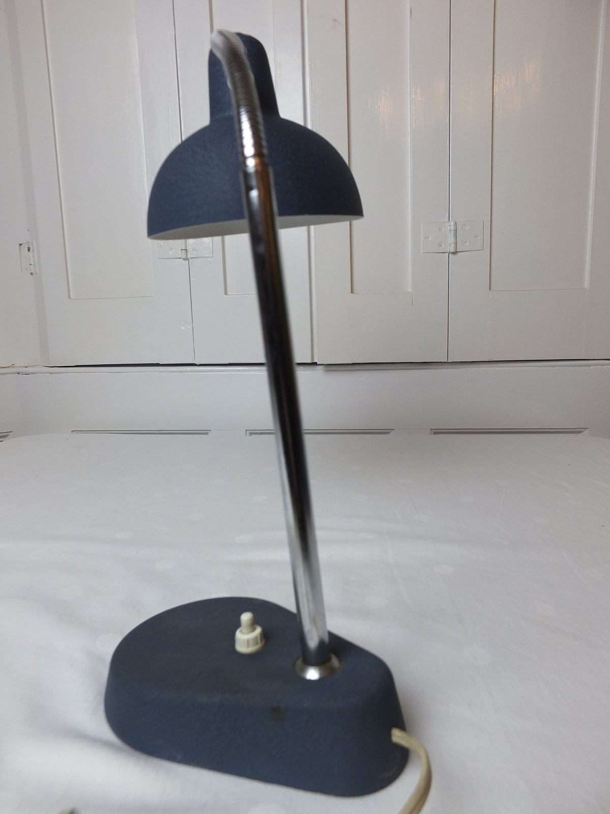 1950s Aluminor Nice French Lamp, blue gray, gooseneck lighting, chrome rod with flexible arm, table or desk lamp
