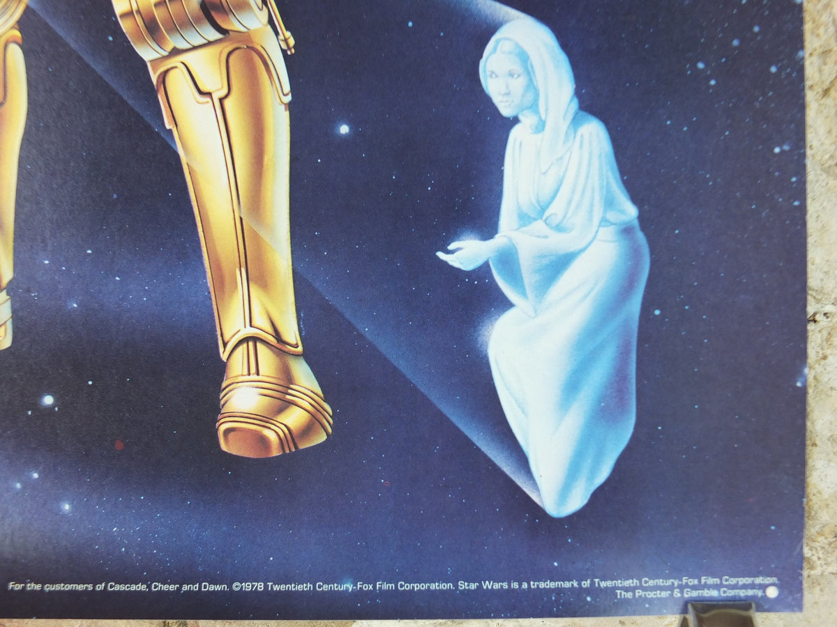 1978 Star Wars Poster, Proctor & Gamble, See Threepio C3PO, Artoo Deetoo R2D2, Princess Leia, advertising Cascade Cheer Dawn, wall art decor