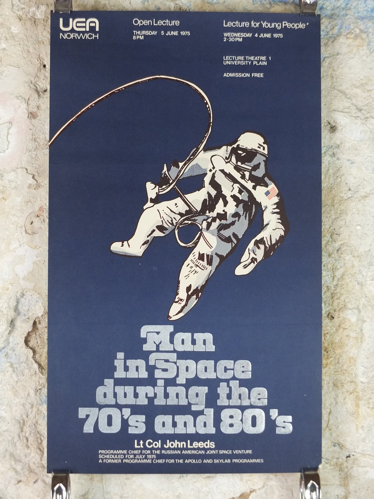 1975 Space Poster, Apollo–Soyuz, Man in Space during 70s 80s, joint American Russian venture, UEA Norwich, Rocketry, wall art decor

This poster from 1975 describes a talk by Lt Col John Leeds at the UEA Norwich. Apollo Space Programme and Skylab.