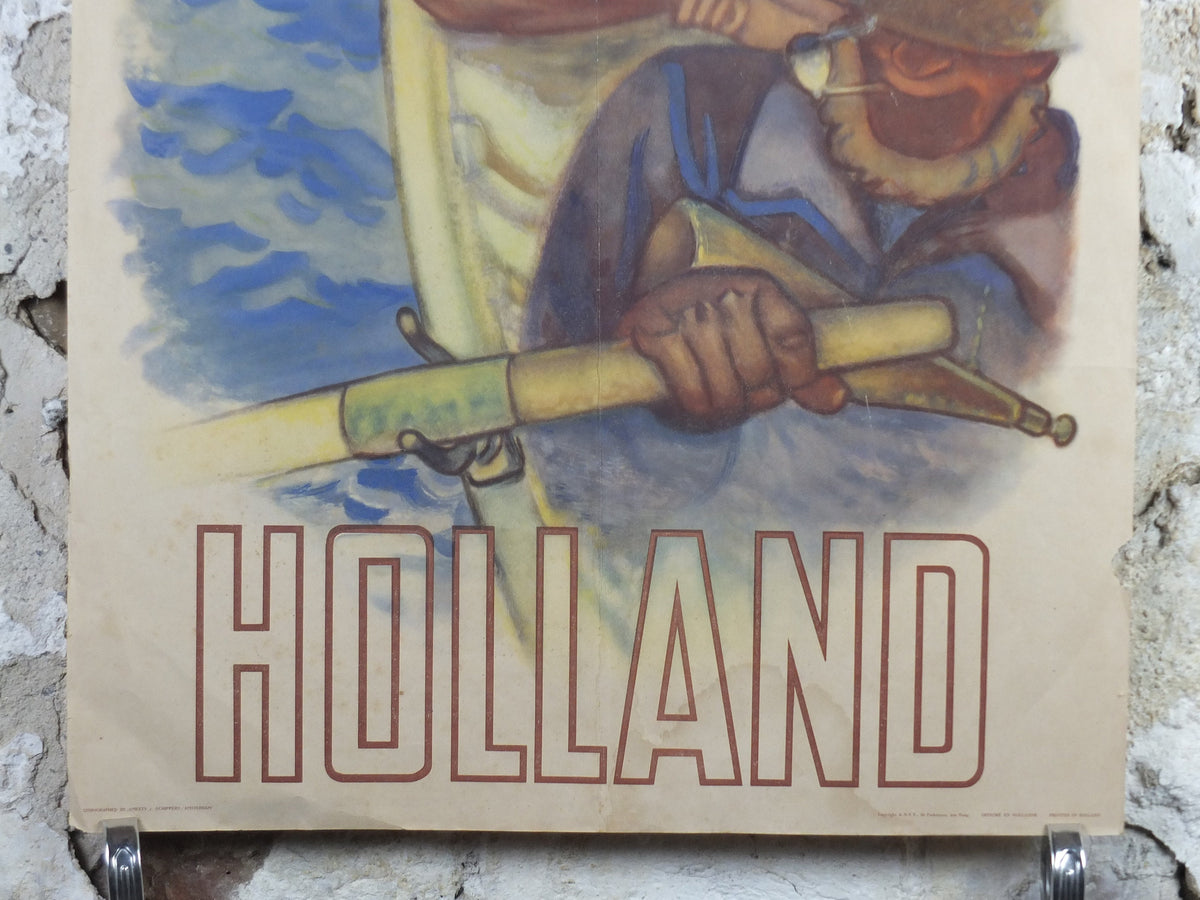1950 Original Holland Travel Poster, Fisherman with his daughter, Les Pays Bas, The Netherlands, travel holiday vacation wall art decor
