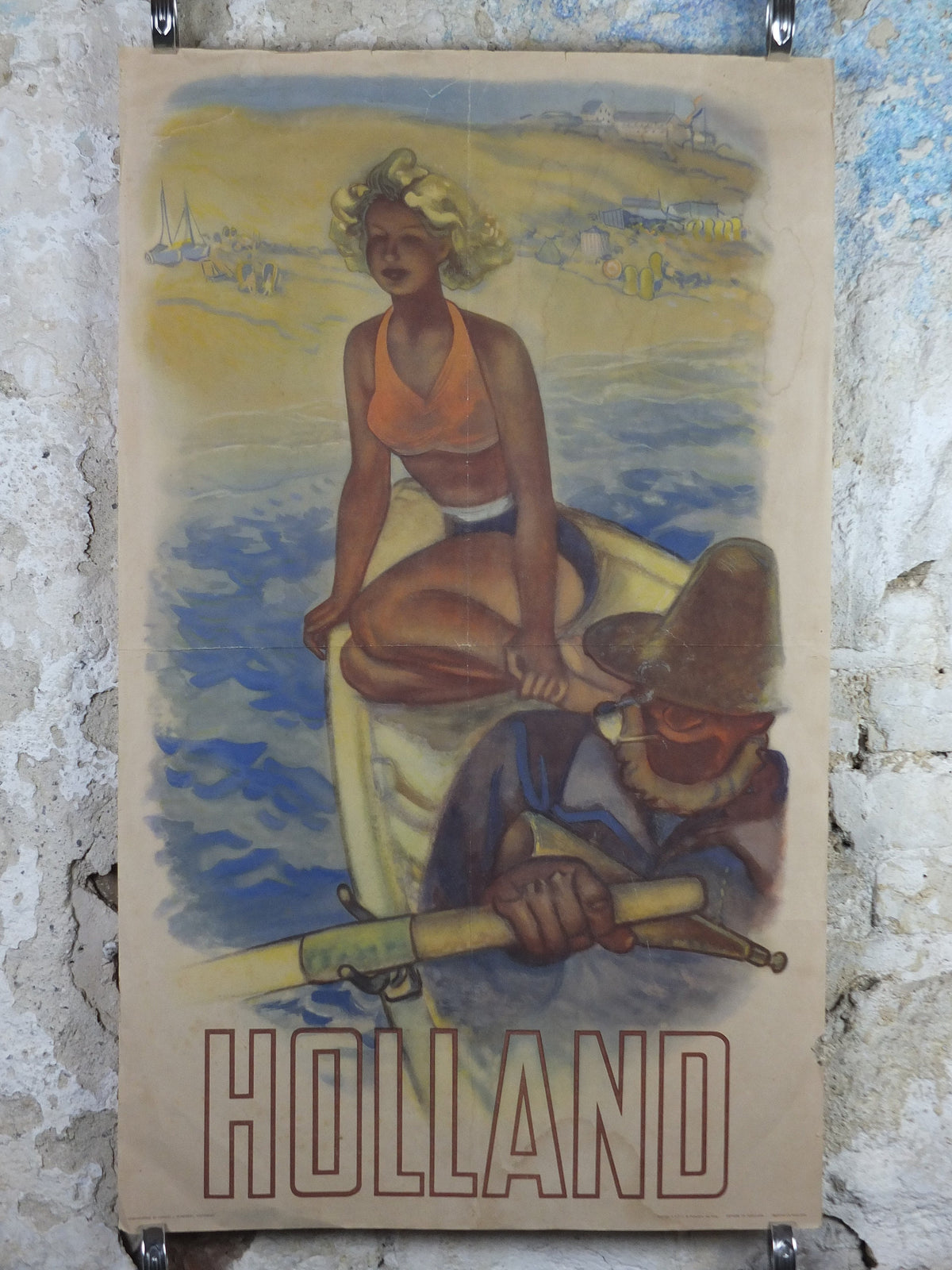 1950 Original Holland Travel Poster, Fisherman with his daughter, Les Pays Bas, The Netherlands, travel holiday vacation wall art decor