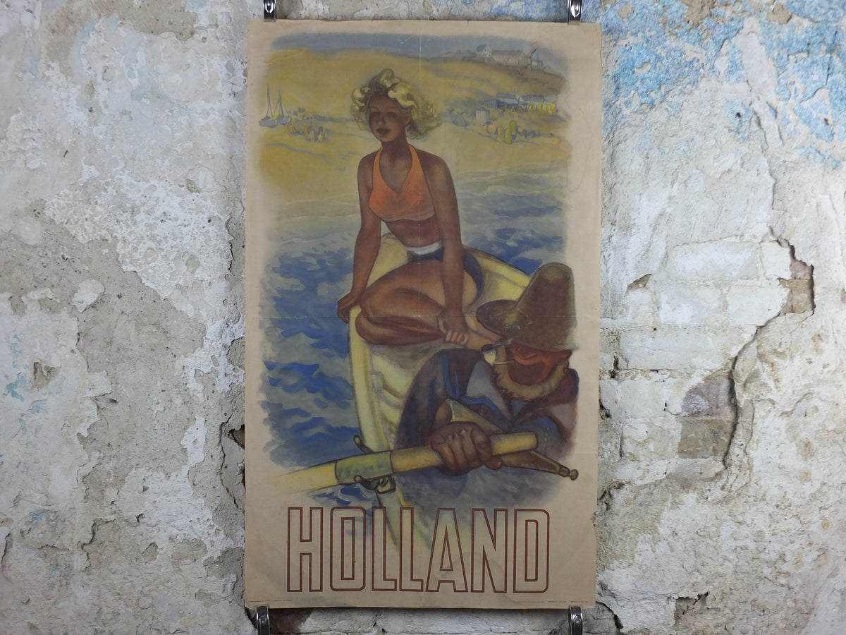 1950 Original Holland Travel Poster, Fisherman with his daughter, Les Pays Bas, The Netherlands, travel holiday vacation wall art decor