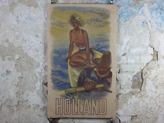 1950 Original Holland Travel Poster, Fisherman with his daughter, Les Pays Bas, The Netherlands, travel holiday vacation wall art decor