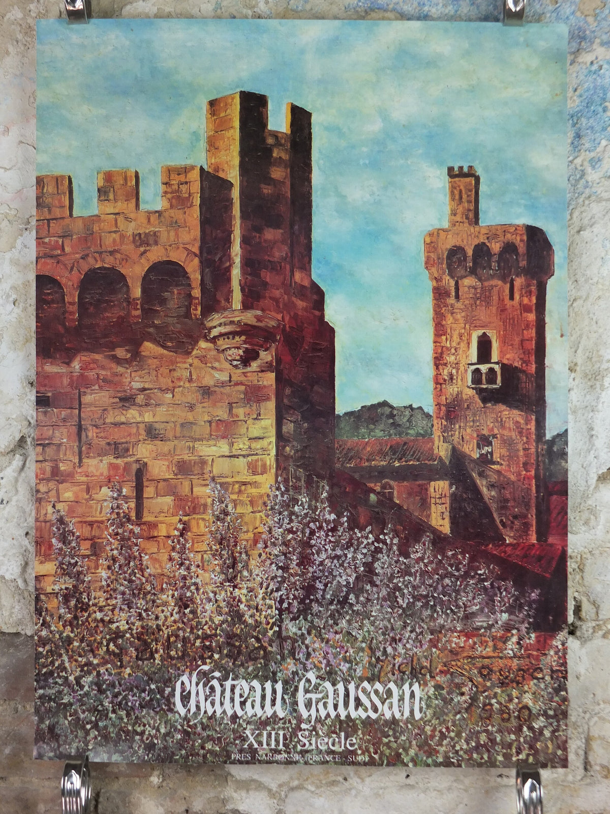 1980 Château de Gaussan Travel Poster, by Michel Saugen?, 14th century castle near Narbonne, travel tourism, wall art decor