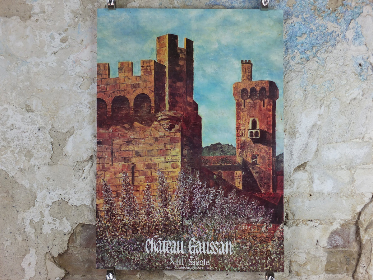1980 Château de Gaussan Travel Poster, by Michel Saugen?, 14th century castle near Narbonne, travel tourism, wall art decor