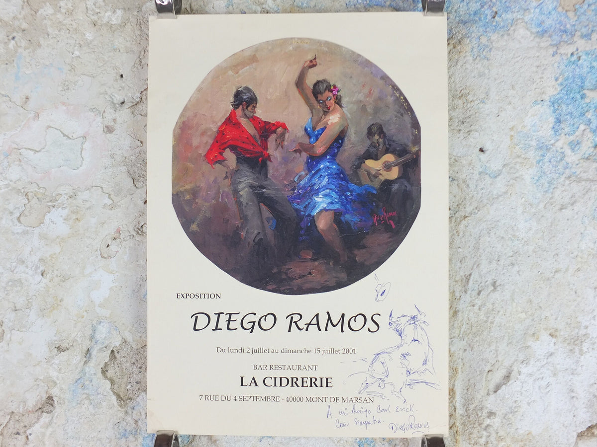 2001 Diego Ramos Poster, emotive dance with guitar, signed with drawing of a bull for Carl Erick , artist gallery exhibition, wall art decor