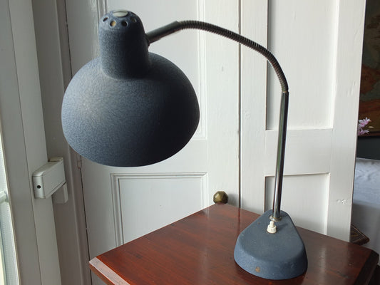 1950s Aluminor Nice French Lamp, blue gray, gooseneck lighting, chrome rod with flexible arm, table or desk lamp
