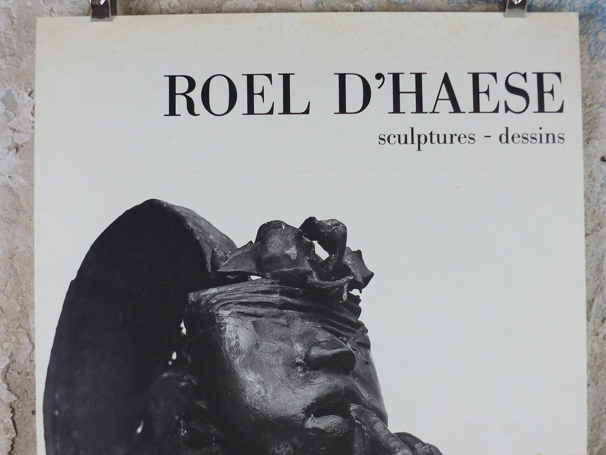 1986 Roel D'Haese Poster, Montezuma 1981 in bronze, Surrealist sculpture, at Chateau de Tanlay, artist gallery exhibition, wall art decor