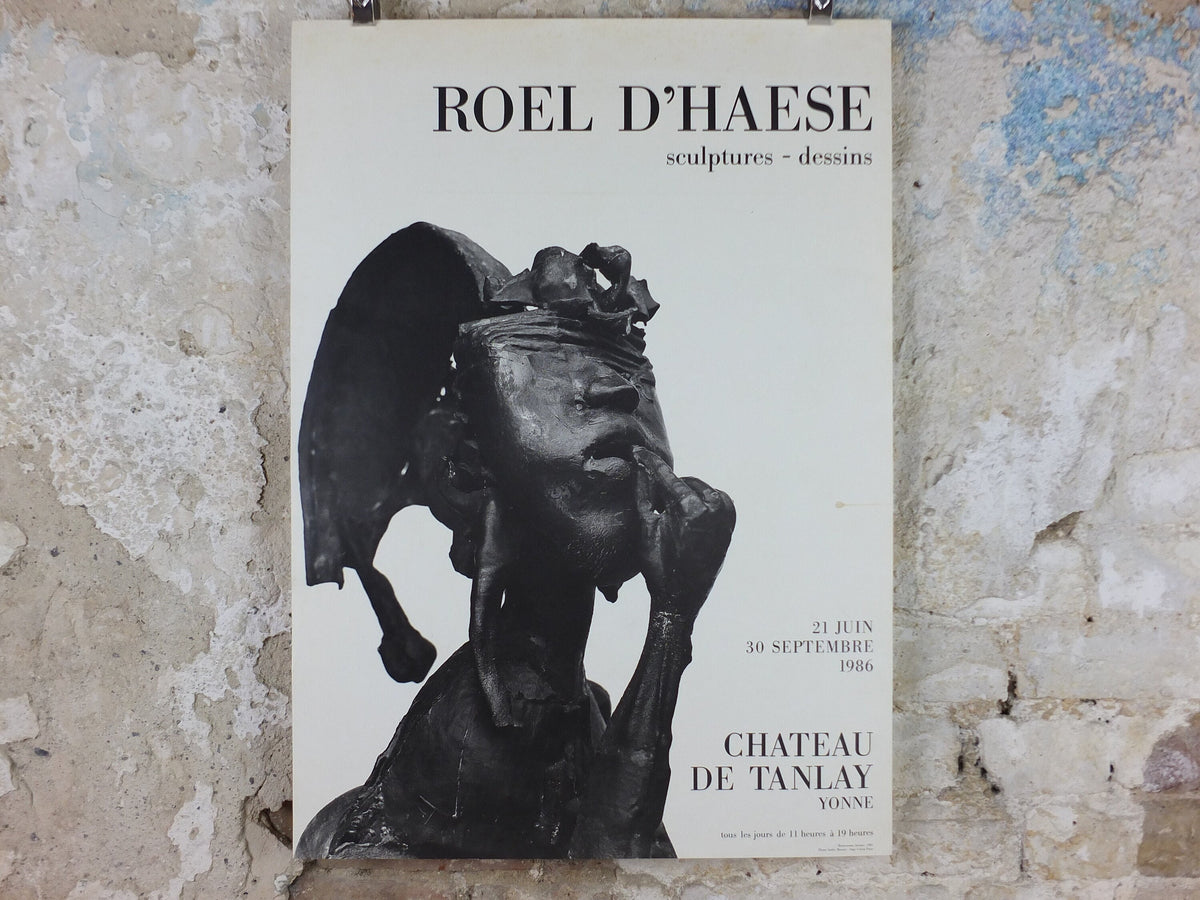 1986 Roel D'Haese Poster, Montezuma 1981 in bronze, Surrealist sculpture, at Chateau de Tanlay, artist gallery exhibition, wall art decor