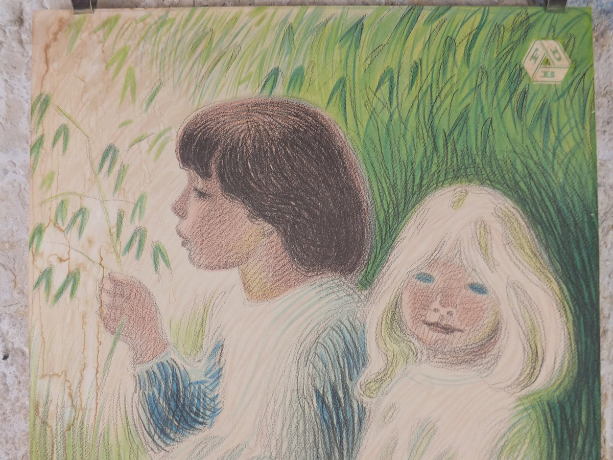 1945 Aage Sikker-Hansen Poster, Davre-Gryn cereal from FDB, Children in the oat fields, Scandanavian Danish Advertising, wall art decor