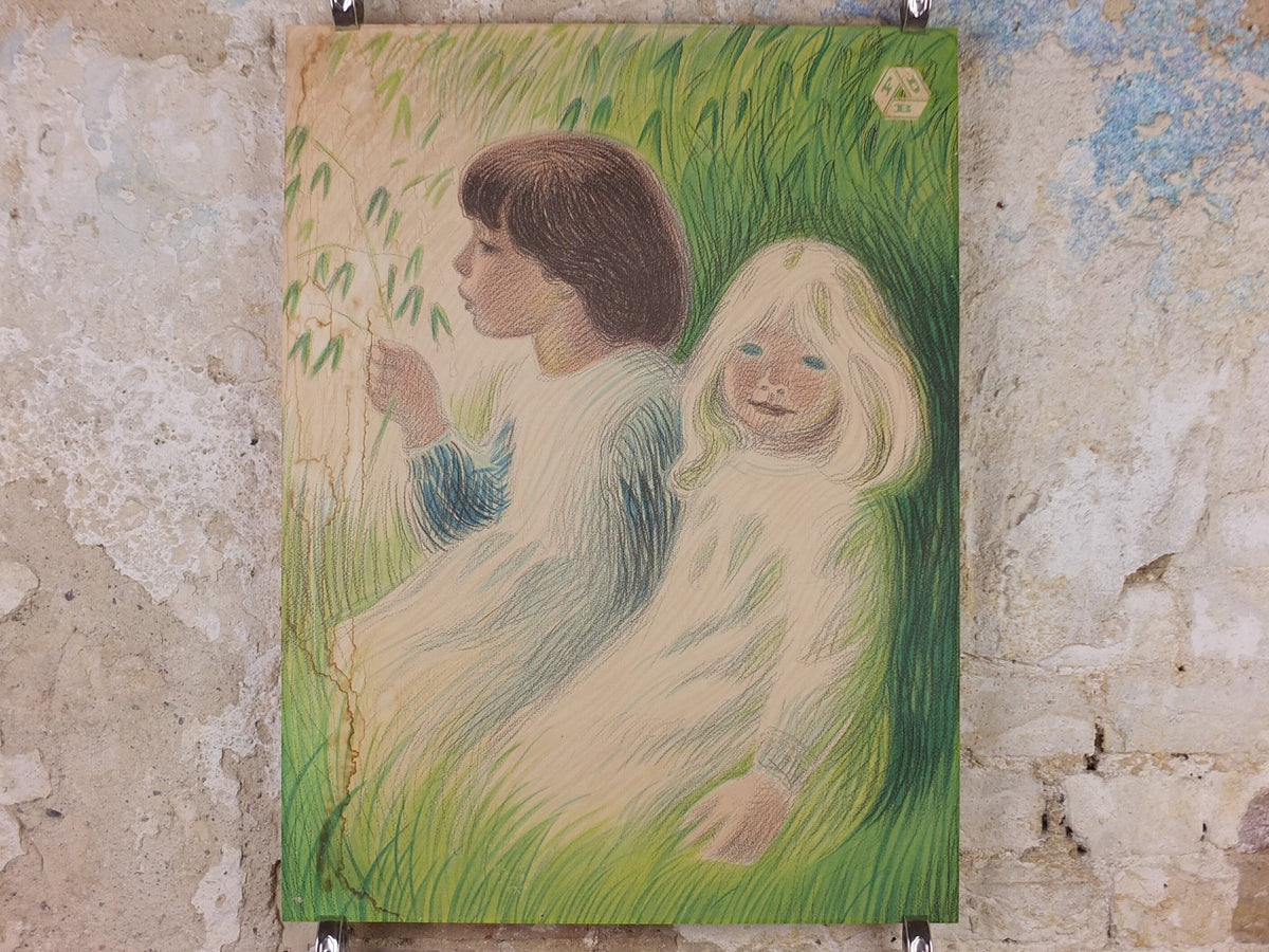 1945 Aage Sikker-Hansen Poster, Davre-Gryn cereal from FDB, Children in the oat fields, Scandanavian Danish Advertising, wall art decor