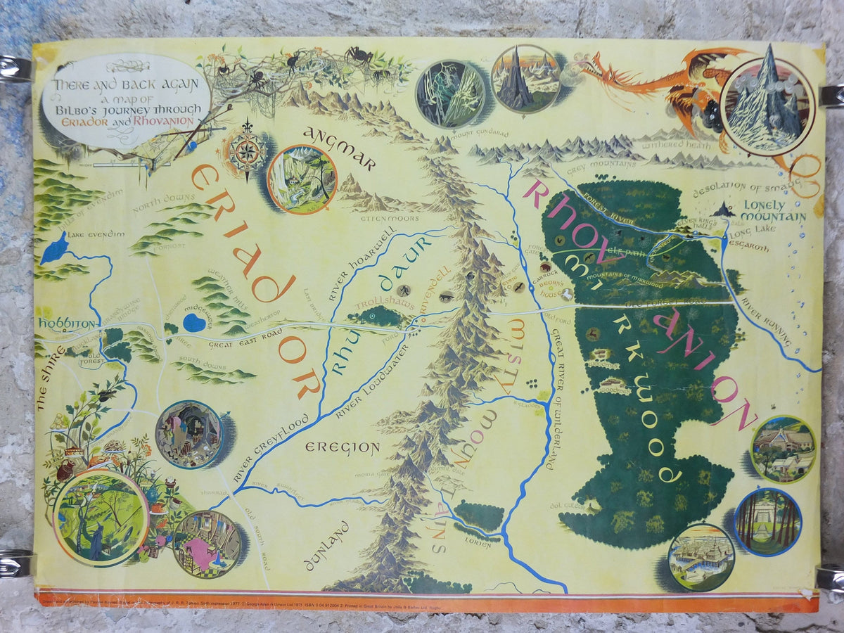 1977 Vintage Map of Middle Earth Poster, J.R.R. Tolkien, by Pauline Baynes, 6th Impression, Lord of the Rings, The Hobbit, fantasy wall art