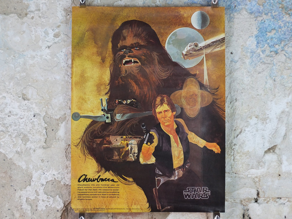1977 Star Wars Chewbacca and Han Solo Poster, by Del Nichols, Coca Cola, Burger Chef, Millennium Falcon wall art