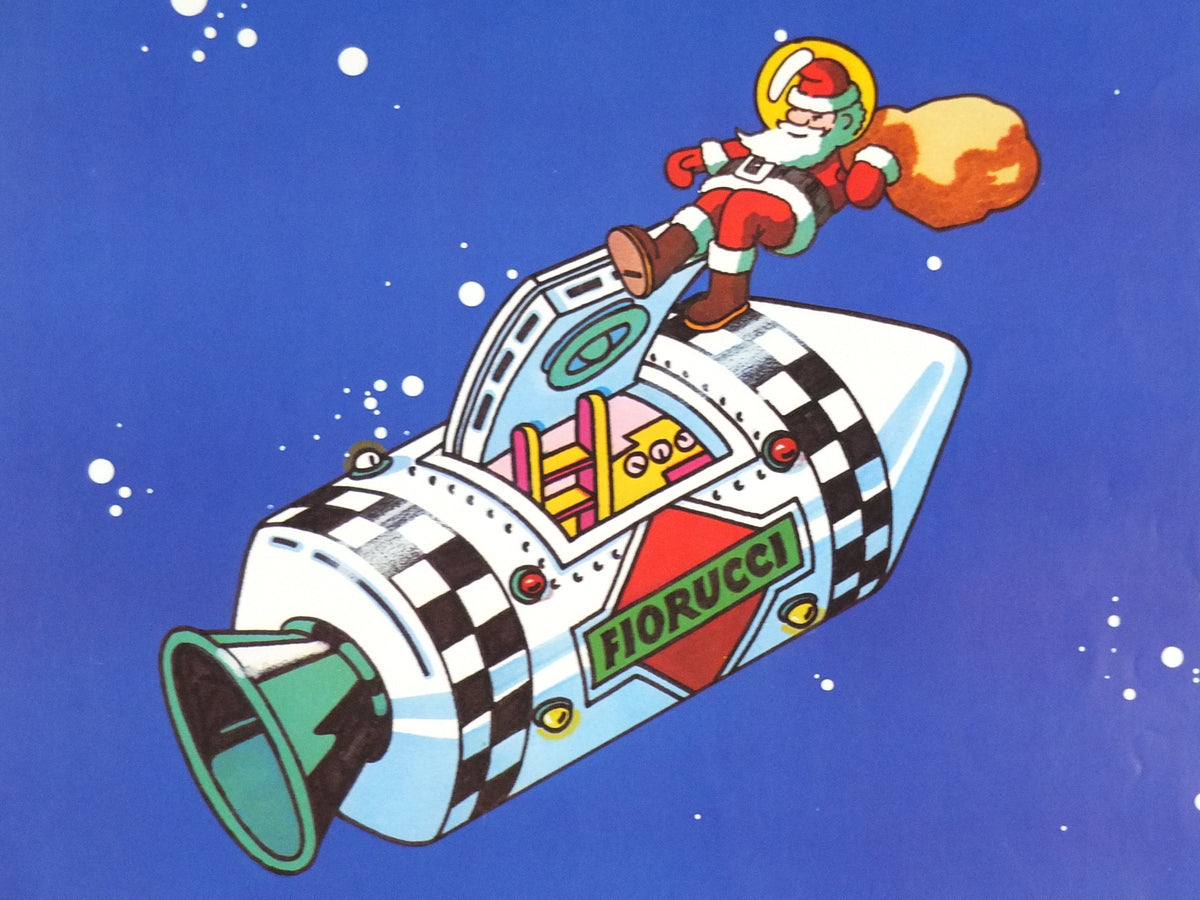 1980s Fiorucci rare Poster, Santa Claus on Xmas Eve in space, Apollo Command Module, Italian fashion label, advertising retro wall art decor