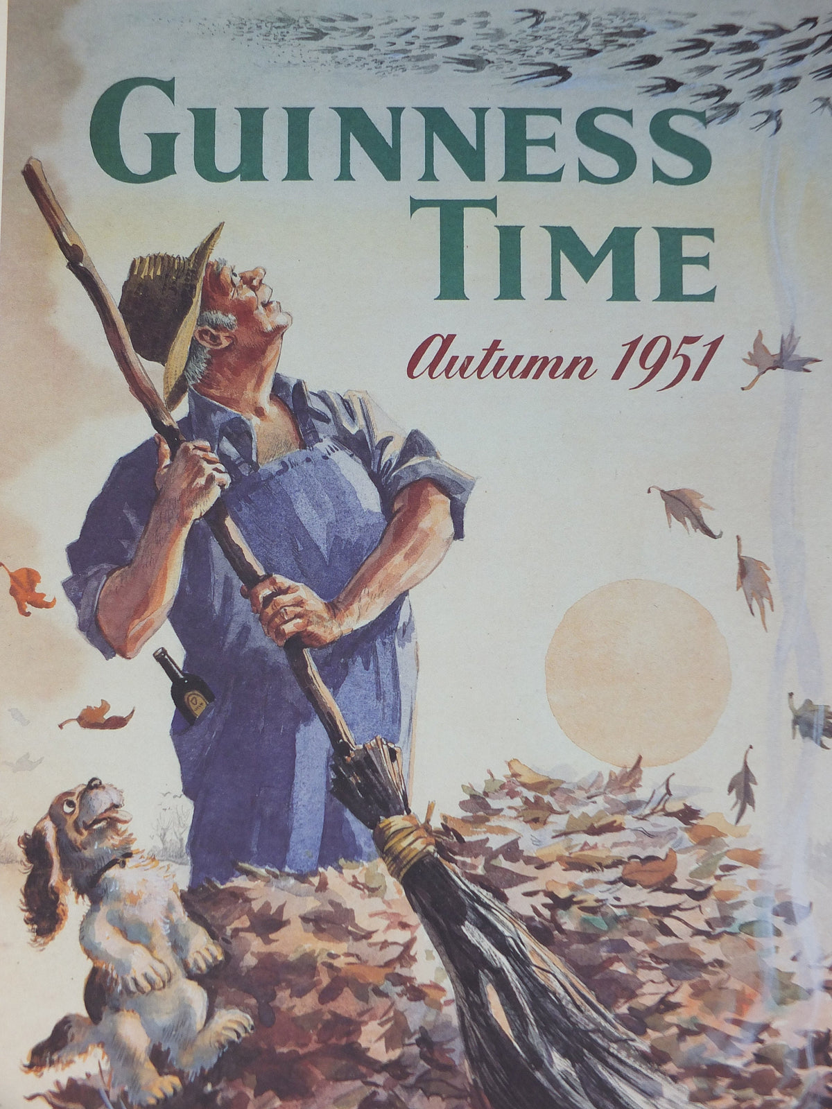 1990s Autumn Guinness Poster, Guinness Time by John Gilroy, 1951, Park Royal Brewery, leaf pile, Advertising campaign Wall art retro decor