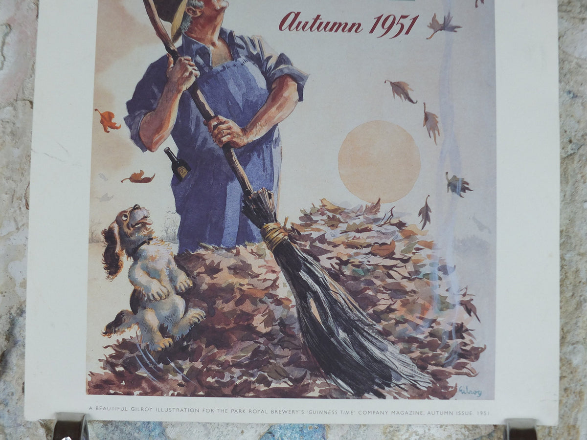 1990s Autumn Guinness Poster, Guinness Time by John Gilroy, 1951, Park Royal Brewery, leaf pile, Advertising campaign Wall art retro decor