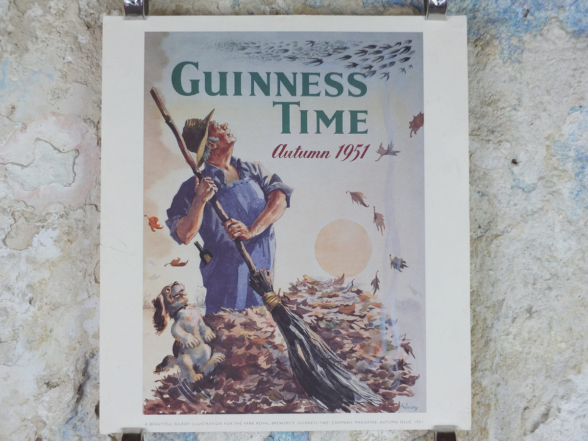 1990s Autumn Guinness Poster, Guinness Time by John Gilroy, 1951, Park Royal Brewery, leaf pile, Advertising campaign Wall art retro decor