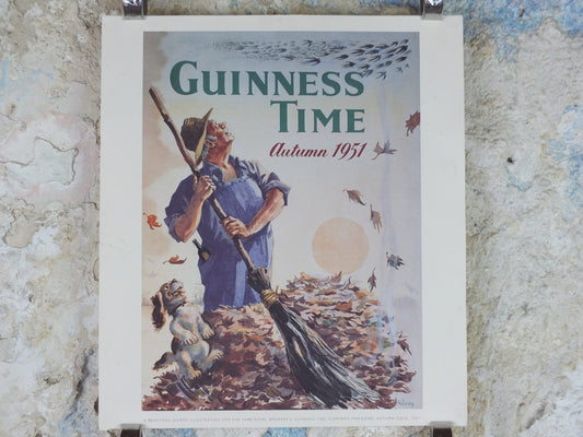 1990s Autumn Guinness Poster, Guinness Time by John Gilroy, 1951, Park Royal Brewery, leaf pile, Advertising campaign Wall art retro decor