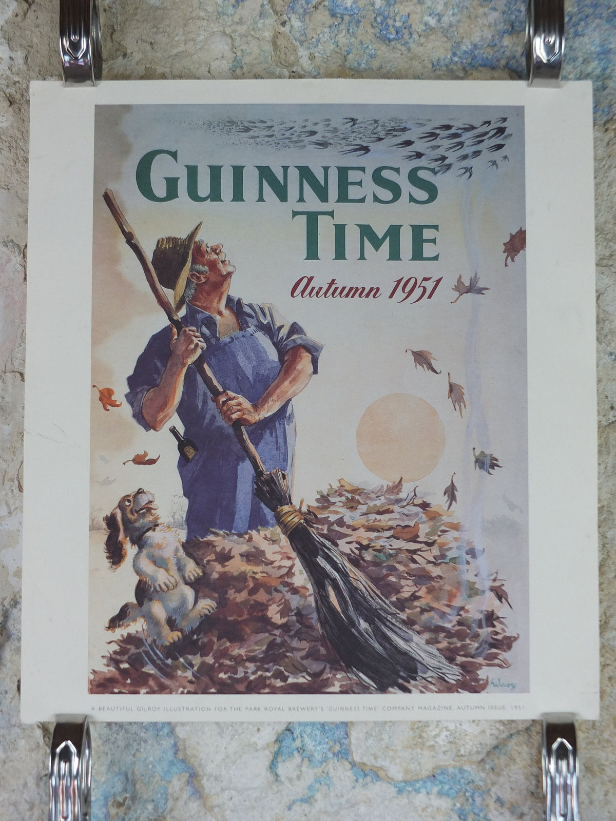 1990s Autumn Guinness Poster, Guinness Time by John Gilroy, 1951, Park Royal Brewery, leaf pile, Advertising campaign Wall art retro decor