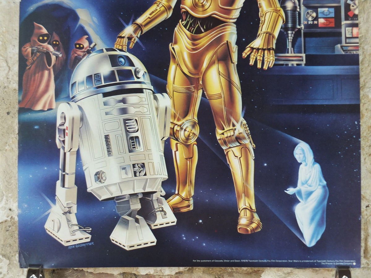 1978 Star Wars Poster, Proctor & Gamble, See Threepio C3PO, Artoo Deetoo R2D2, Princess Leia, advertising Cascade Cheer Dawn, wall art decor