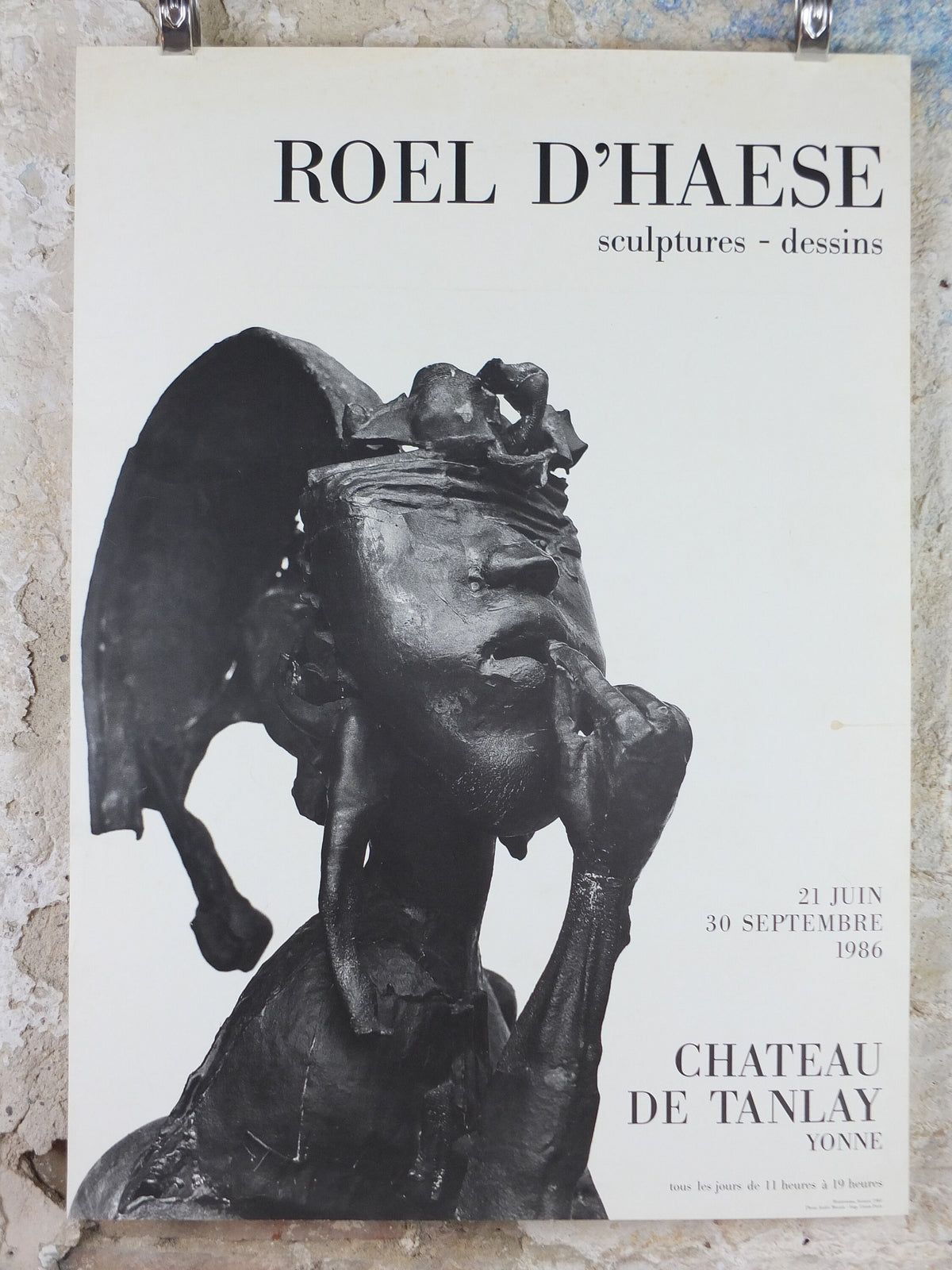1986 Roel D'Haese Poster, Montezuma 1981 in bronze, Surrealist sculpture, at Chateau de Tanlay, artist gallery exhibition, wall art decor Flemish Belgian Sculptor