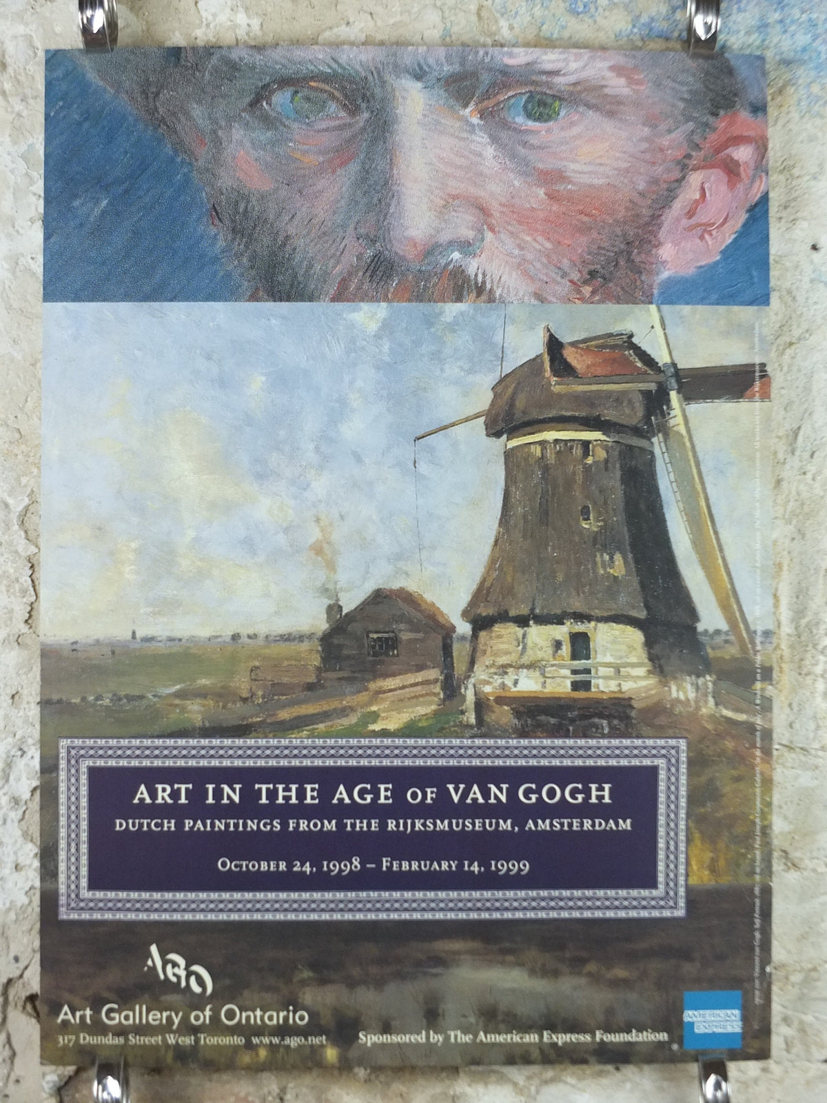 1998 Vincent Van Gogh Poster, "A windmill on the Poldar waterway" 1888 Post-Impressionism gallery exhibition, wall art decor and self portrait