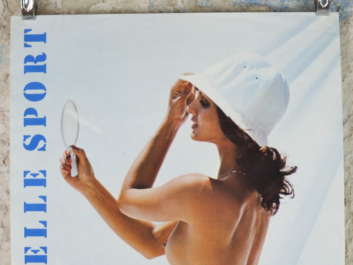 1980s Elle Sport rare Poster, beach and swimwear, gym and sports equipment, bikini and hat, fashion label, advertising retro wall art decor