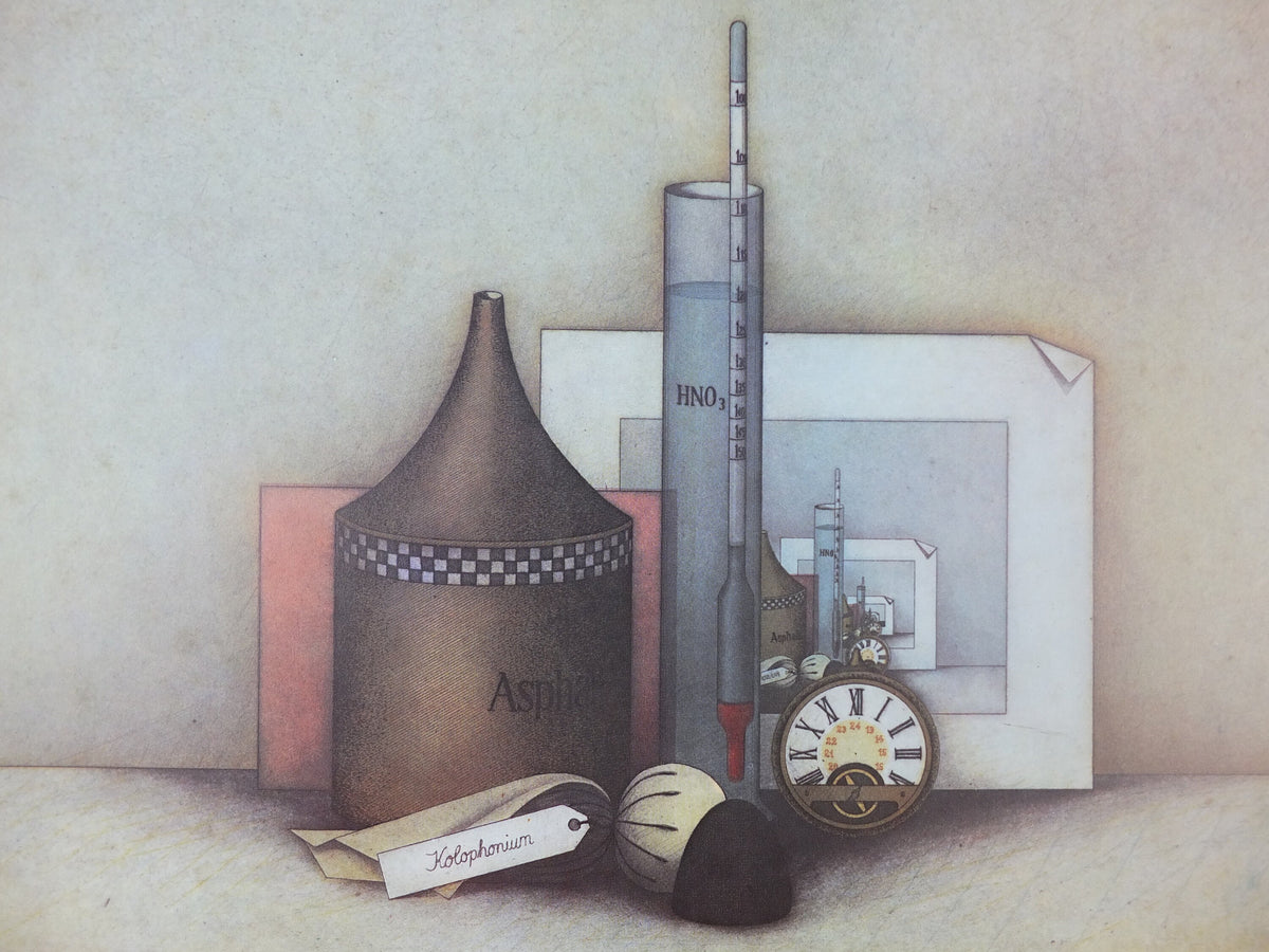 1975 Friedrich Meckseper Poster, Still life of etching materials in time, Galerie Dierks, expressionist, gallery exhibition wall art decor