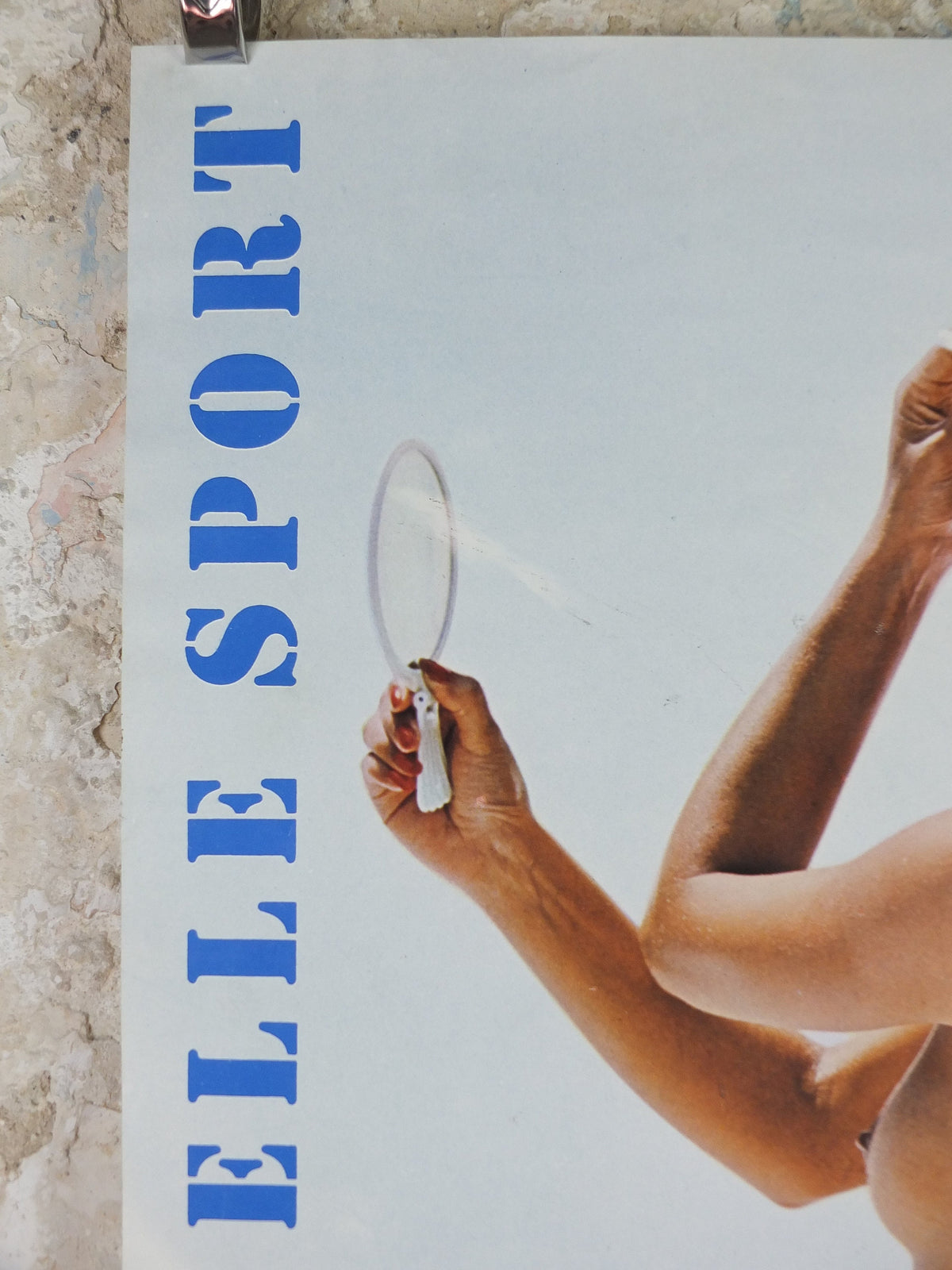1980s Elle Sport rare Poster, beach and swimwear, gym and sports equipment, bikini and hat, fashion label, advertising retro wall art decor